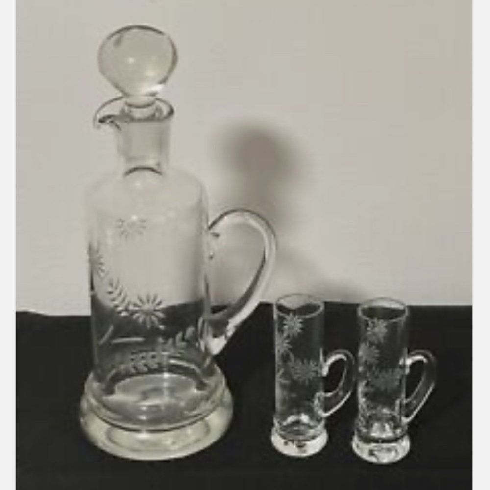 Vintage Crystal Decanter w/ Stopper 6 Cordial Liquor Glasses Set From Romania